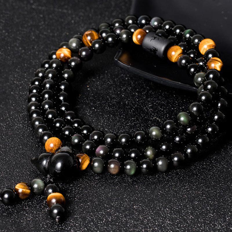 Buddha Stones Natural Black Obsidian Rainbow Obsidian Gourd Blessing Bracelet Mala