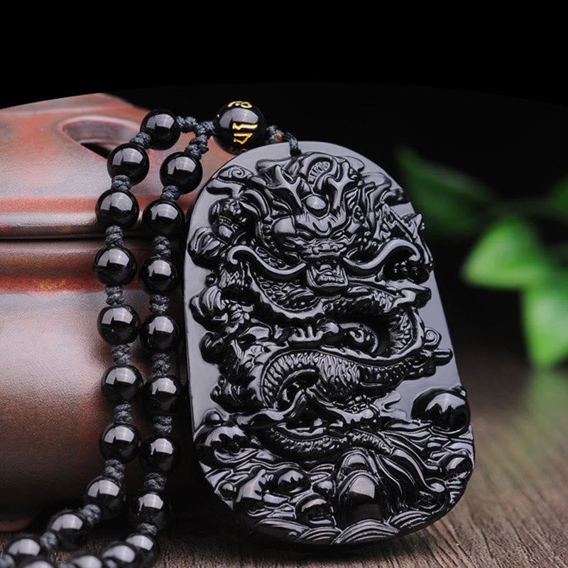 Buddha Stones Black Obsidian Stone Dragon Fulfilment Pendant Necklace - image 7