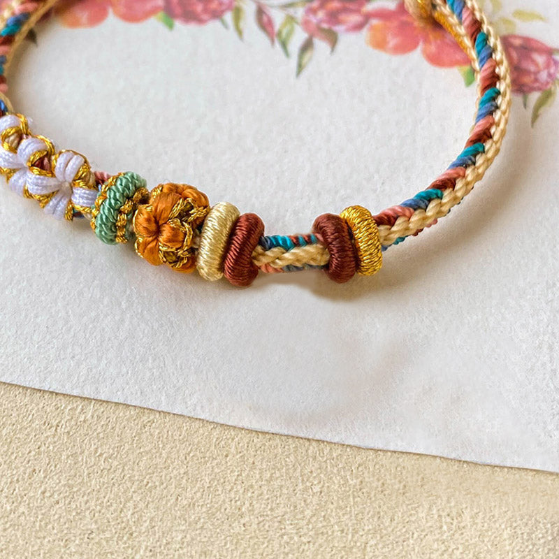 Buddha Stones Handmade Dunhuang Color Peach Blossom Pattern Braid String Bracelet