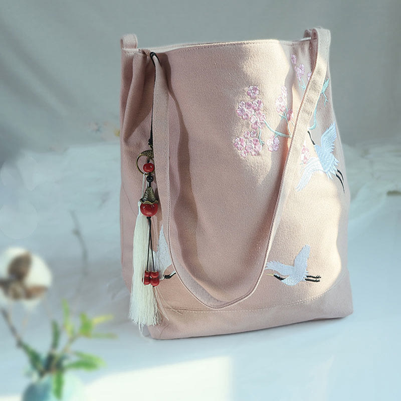 Flower Crane Plum Blossom Embroidery Canvas Large Capacity Shoulder Bag Tote Bag