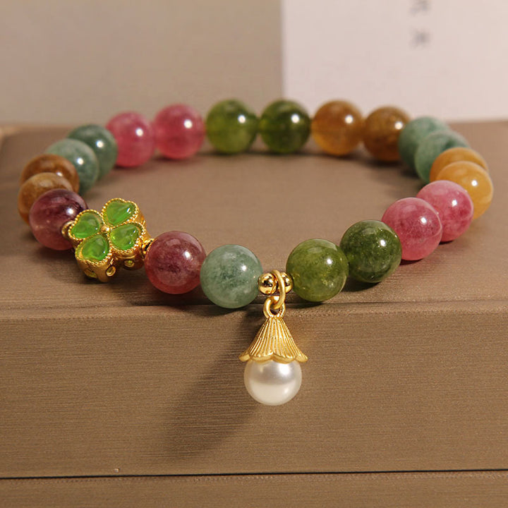 Buddha Stones Colorful Tourmaline Four Leaf Clover Flower Wisdom Bracelet