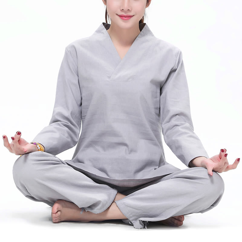 Buddha Stones Zen Practice Yoga Meditation Prayer V-neck Design Uniform Cotton Linen Clothing Women's Set