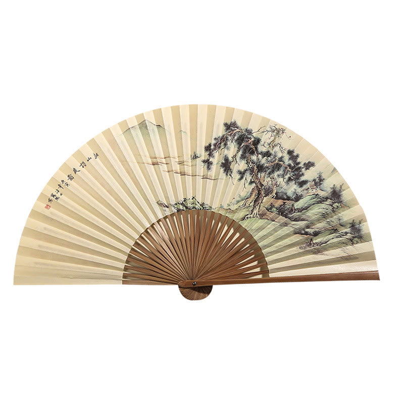 Buddha Stones Pine Tree Garden Peony Handheld Paper Bamboo Folding Fan 26cm