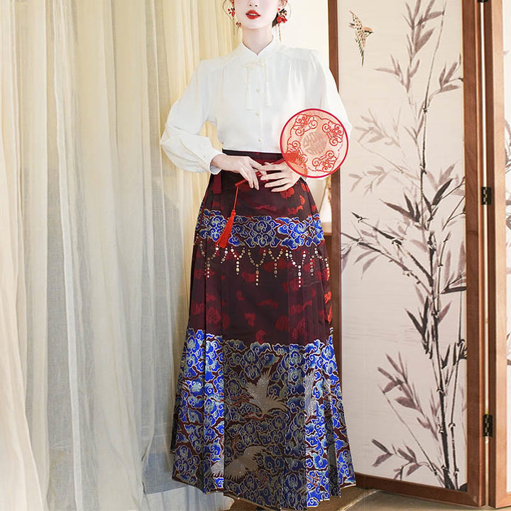 Buddha Stones Long Sleeve Shirt Top Chinese Hanfu Crane Blue Auspicious Clouds Horse Face Skirt Mamianqun