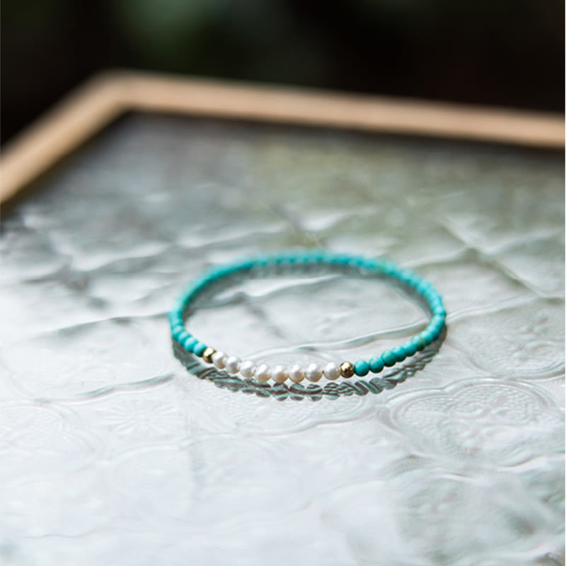 Buddha Stones 925 Sterling Silver Natural Turquoise Pearl Beaded Bracelet - image 12