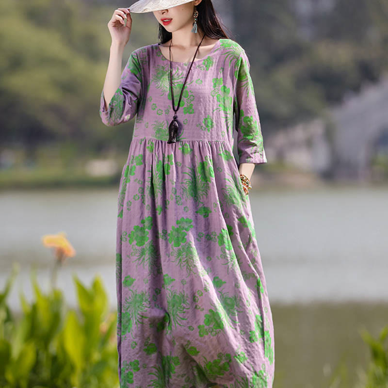 Buddha Stones Flowers Print Midi Dress Cotton Linen Tunic Dress With Pockets