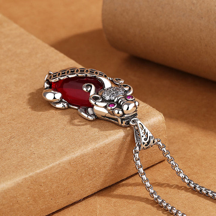 Buddha Stones PiXiu Garnet Copper Coin Wealth Luck Necklace Pendant - image 3