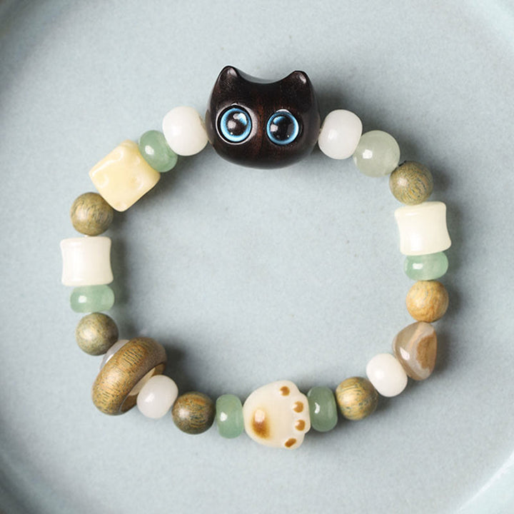 Buddha Stones Bodhi Seed Green Sandalwood Ebony Wood Small Leaf Red Sandalwood Cat Head Paw Claw Peace Bracelet - image 3