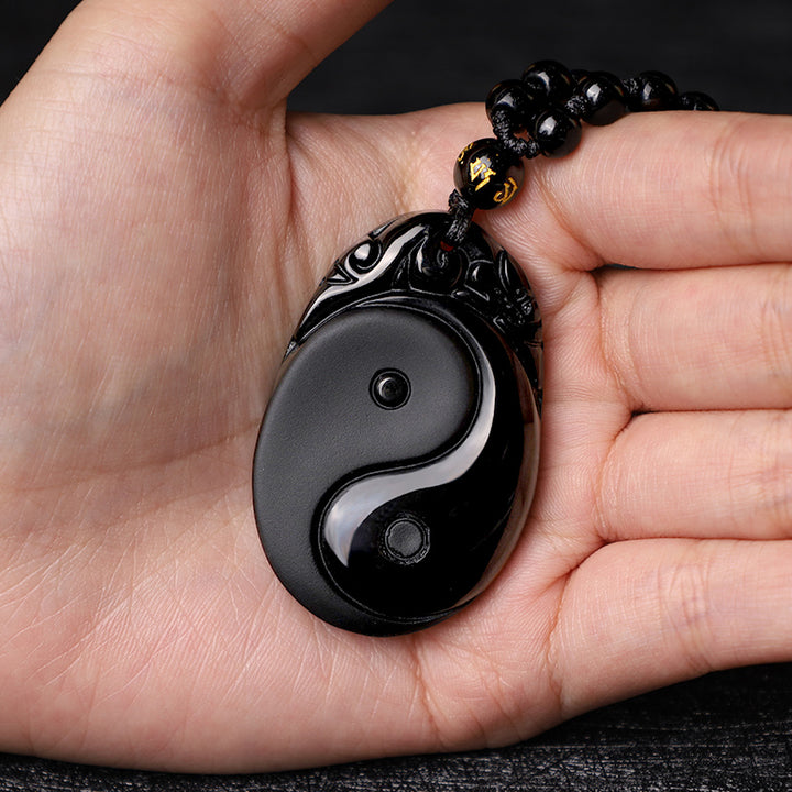 Buddha Stones Natural Black Obsidian Yin Yang Fulfilment Strength Necklace Pendant