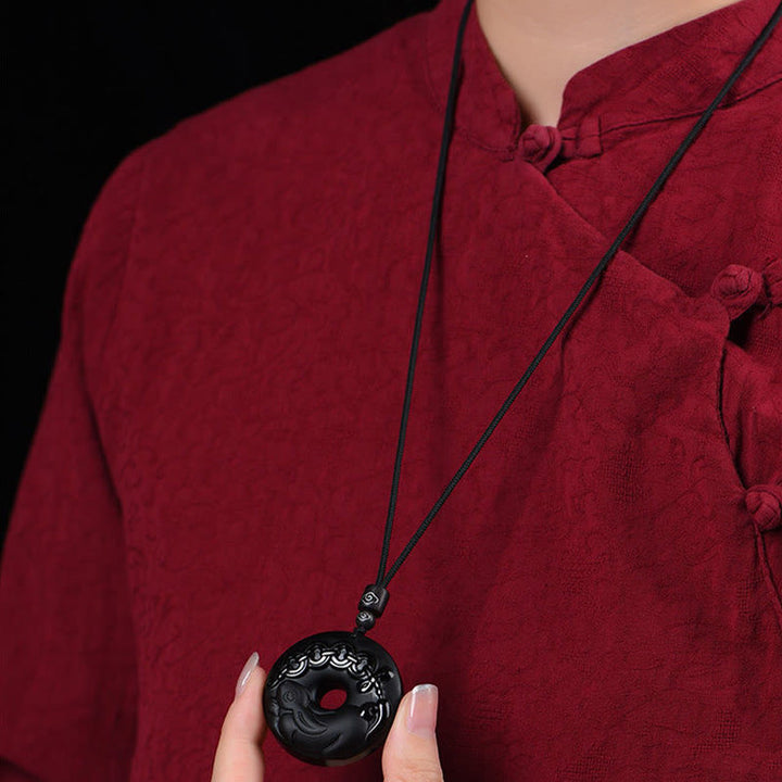 Buddha Stones Chinese Zodiac Natural Black Obsidian Peace Buckle Strength Necklace Pendant - image 9