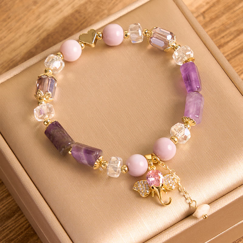 Buddha Stones Amethyst Green Aventurine Strawberry Quartz Positive Elephant Charm Bracelet