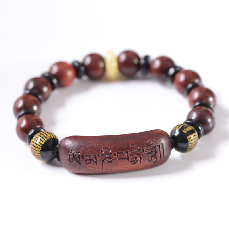 Buddha Stones Small Leaf Red Sandalwood Om Mani Padme Hum Engraved Protection Bracelet