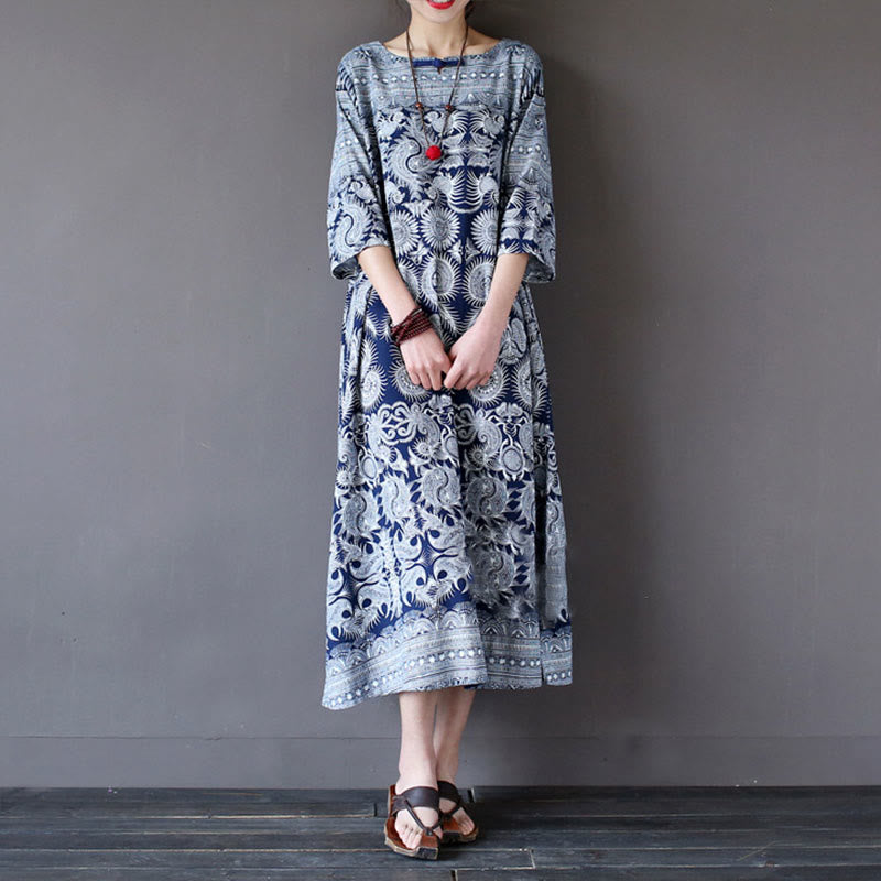 Buddha Stones Blue White Flower Printed Button Midi Dress Three Quarter Sleeve Cotton Linen Dress With Pockets