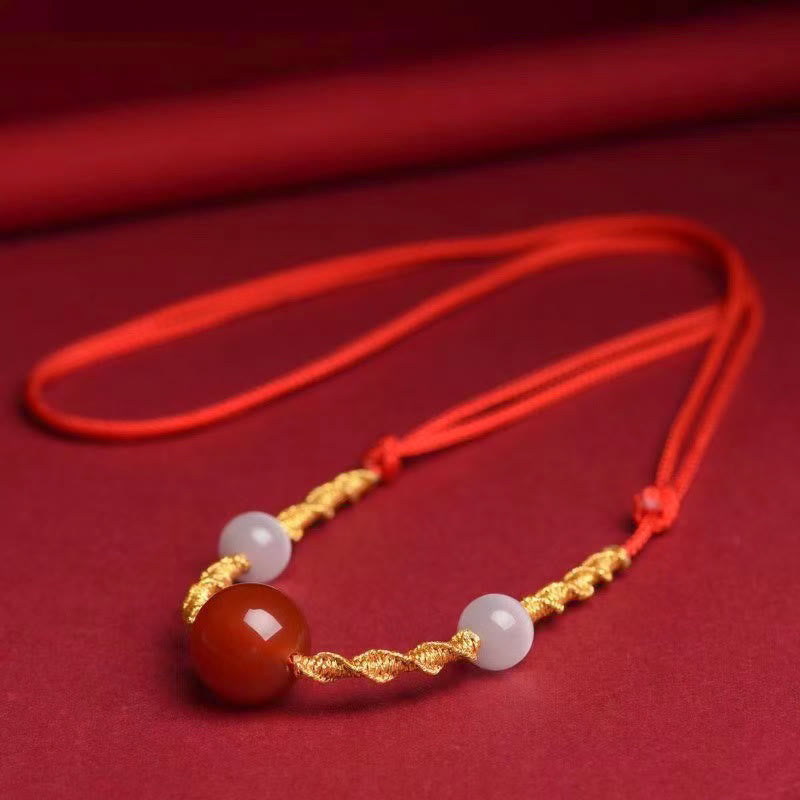 Buddha Stones Natural Red Agate Cat Eye Calm Braided String Bracelet Necklace Pendant - Red Agate&Cat Eye Red Rope Necklace 70cm - image 5