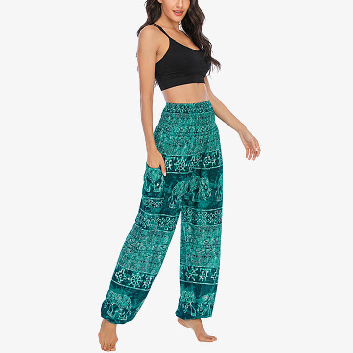 Buddha Stones Elephant Pattern Loose Casual Harem Trousers High Waist Women's Yoga Pants