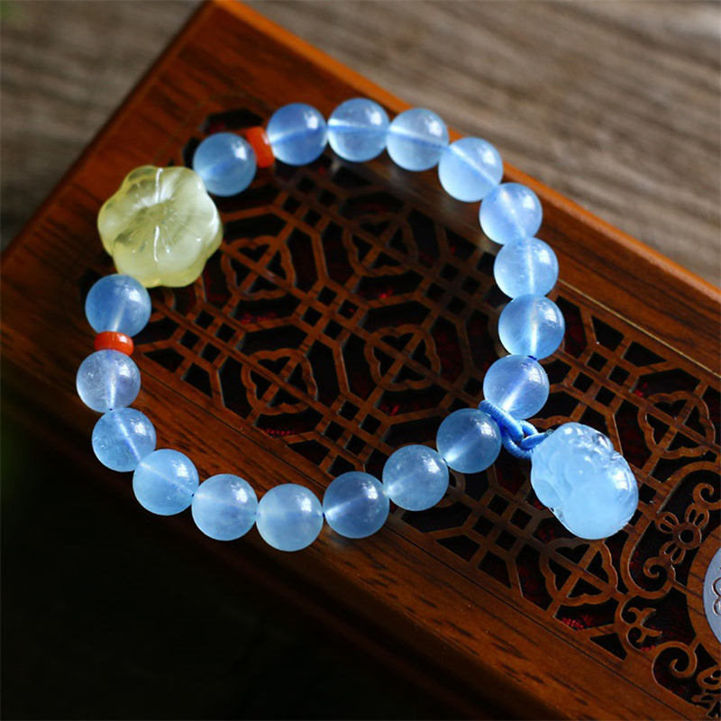 Natural Aquamarine Amber Pixiu Peace Healing Charm Bracelet - image 1