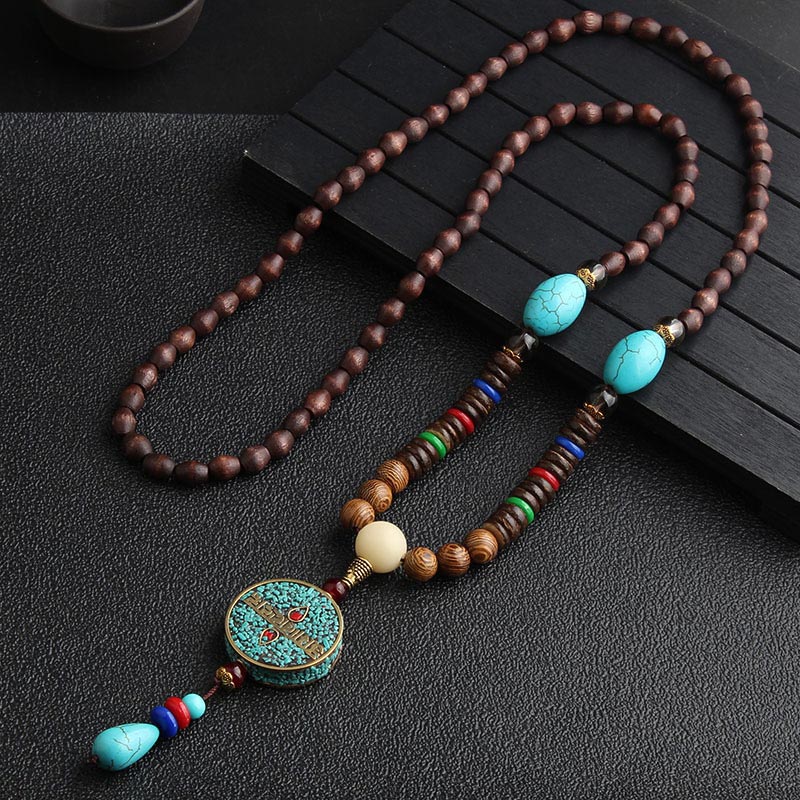 Buddha Stones Turquoise Dzi Bead Prayer Wheel Wenge Wood Meditation Necklace - Turquoise - image 0