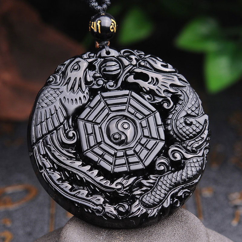 Buddha Stones Bagua Dragon Phoenix Obsidian Fulfilment Pendant Necklace - image 2