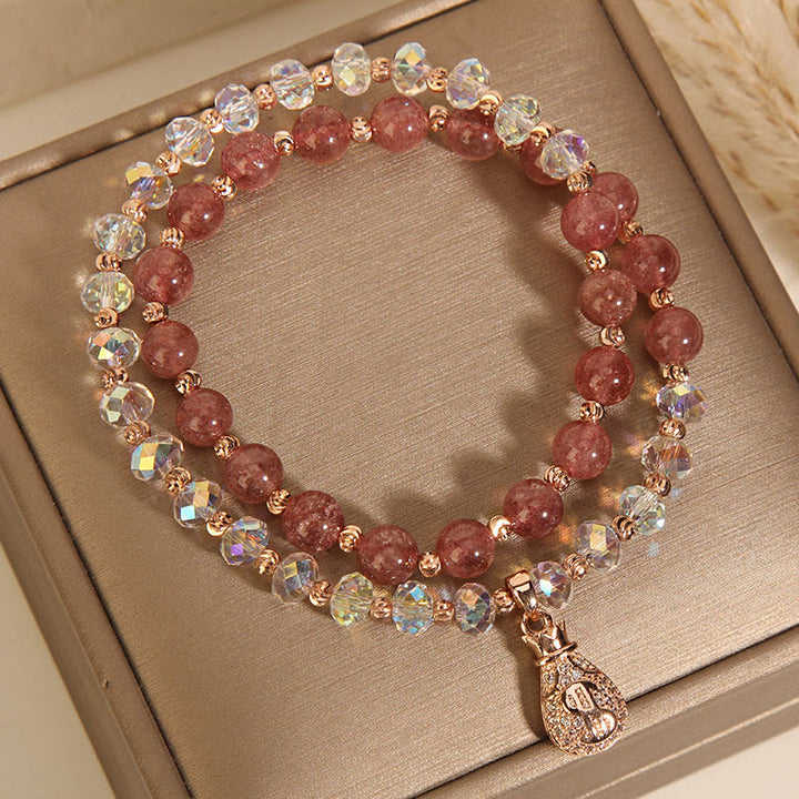 Buddha Stones Strawberry Quartz White Crystal Money Bag Charm Positive Bracelet