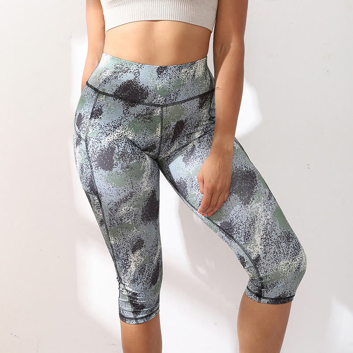 Buddha Stones Camo Print Solid Color Sports Yoga High Waist Leggings Women's Yoga Capri Pants