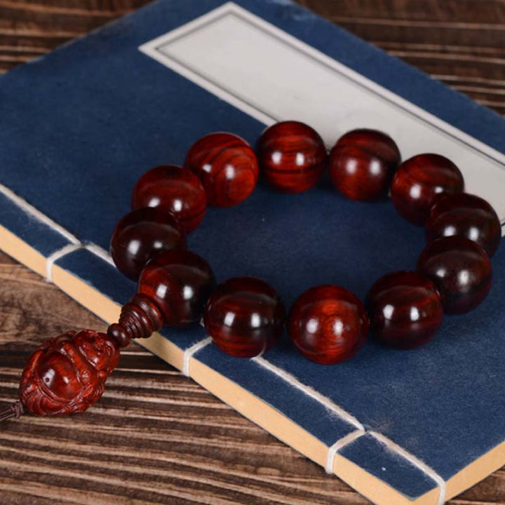 Buddha Stones Small Leaf Red Sandalwood Laughing Buddha God of Wealth Protection Bracelet