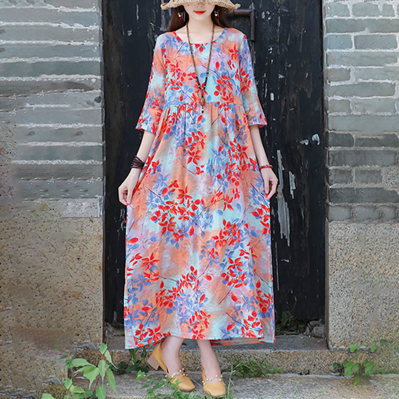 Buddha Stones Flowers Print Midi Dress Cotton Linen Tunic Dress With Pockets