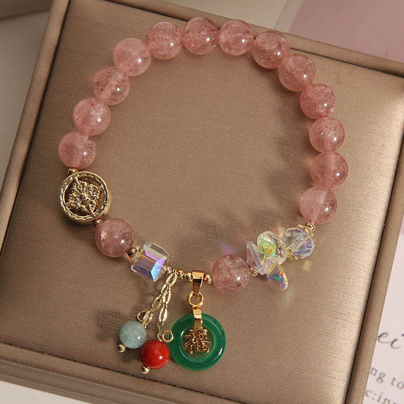 Buddha Stones Strawberry Quartz Jade Fu Character Charm Healing Bracelet