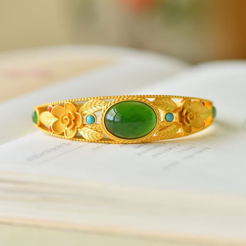 Buddha Stones Cyan Jade White Jade Flower Leaf Harmony Luck Bracelet Bangle - image 6