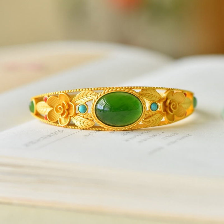 Buddha Stones Cyan Jade White Jade Flower Leaf Harmony Luck Bracelet Bangle - image 6