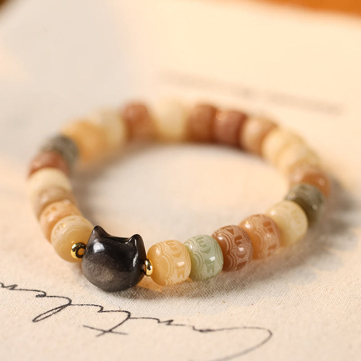Buddha Stones Bodhi Seed Silver Sheen Obsidian Cat Head Om Mani Padme Hum Engraved Harmony Bracelet - Yellow Bodhi Seed(Wrist Circumference 14-16cm) - image 1
