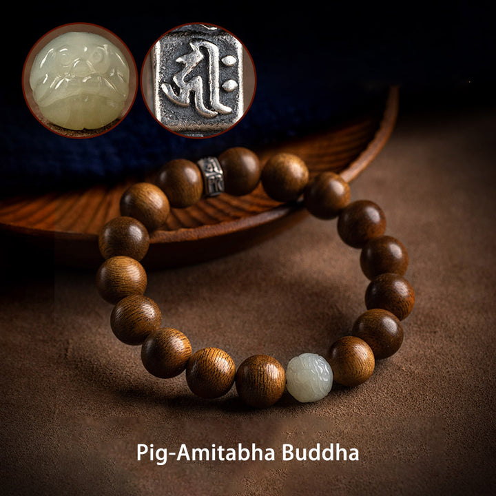 Buddha Stones Chinese Zodiac Natal Buddha Kalimantan Agarwood Jade 925 Sterling Silver Bracelet