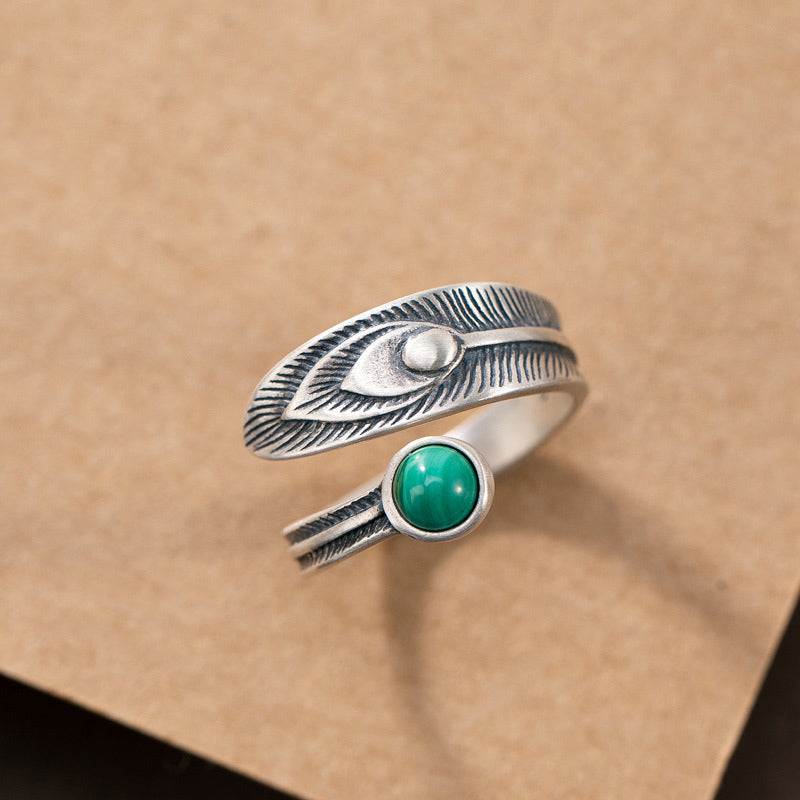 925 Sterling Silver Malachite Bead Feather Protection Ring