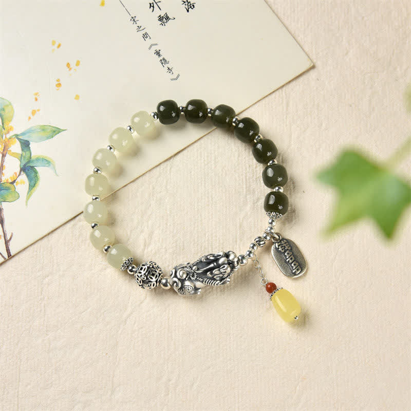 925 Sterling Silver Natural Hetian Jade Amber PiXiu Luck Bracelet - image 3