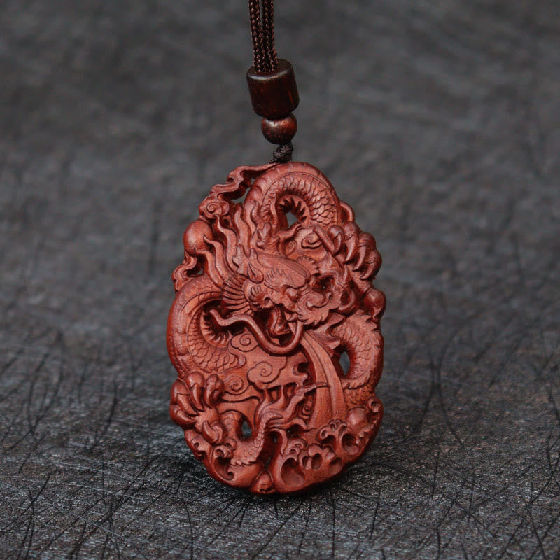 Buddha Stones Lightning Struck Jujube Wood Double Dragon Relief Ward Off Evil Spirits Necklace Pendant