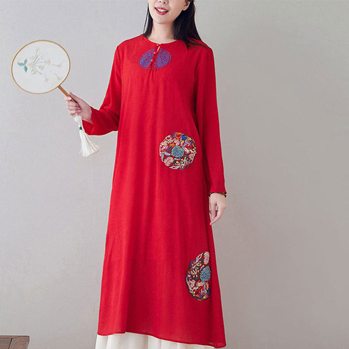 Buddha Stones Embroidery Long Sleeve Midi Dress Meditation Spiritual Zen Practice