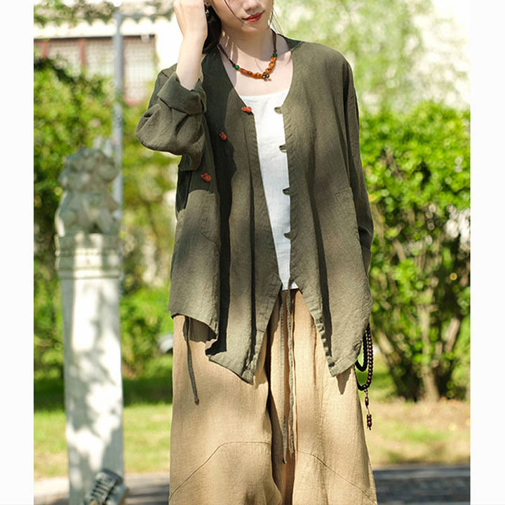 Buddha Stones Solid Color Ramie Linen Loose Blouse Long Sleeve Shirt Chinese Hanfu Top