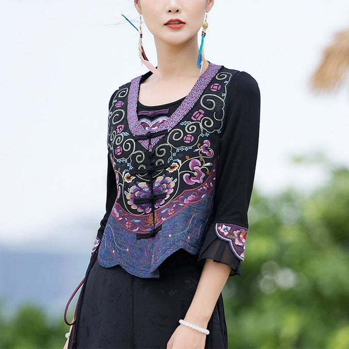 Buddha Stones Vintage Frog-Button Embroidery Purple Flower Tang Suit Design Sleeveless Vest