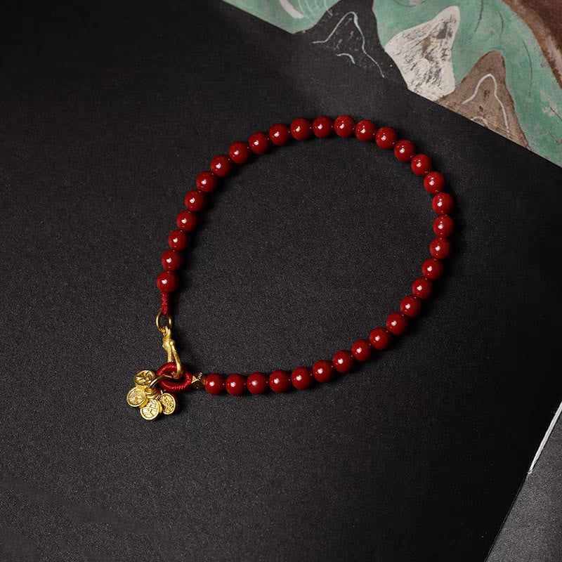 Buddha Stones Natural Cinnabar Round Coin Blessing Bracelet