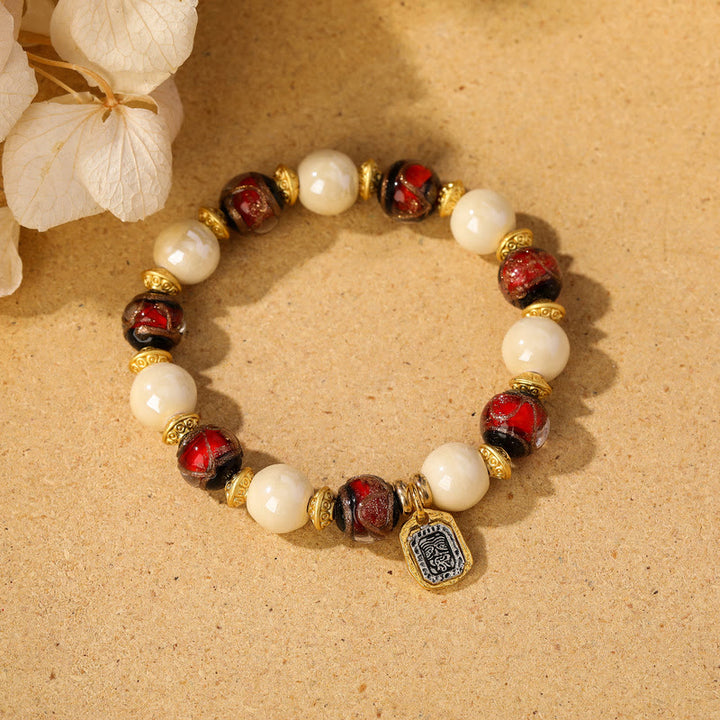 Buddha Stones Tibetan Zakiram Goddess of Wealth Charm Liuli Glass Incense Ash Porcelain Bead Protection Bracelet - Beige Porcelain - Red Liuli Glass Bead - image 12