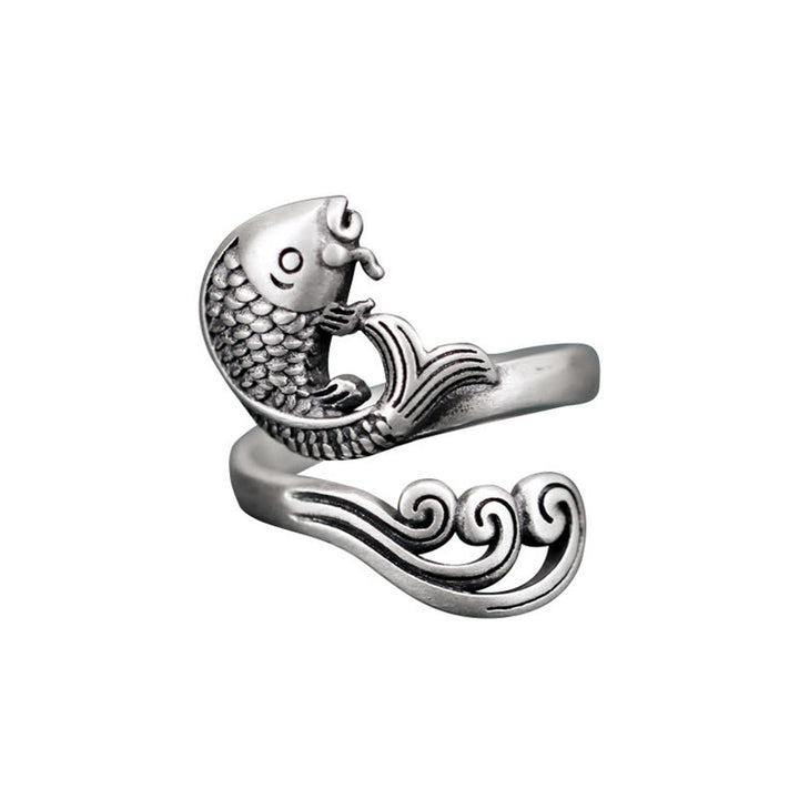 Buddha Stones 925 Sterling Silver Koi Fish Water Ripple Luck Wealth Ring - image 13