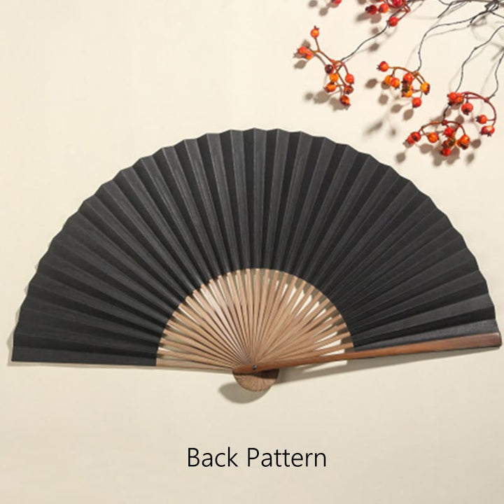 Buddha Stones Pine Tree Garden Peony Handheld Paper Bamboo Folding Fan 26cm