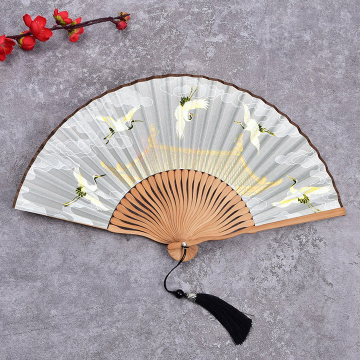 Buddha Stones Vintage Cloud Crane Pattern Handheld Bamboo Folding Fan - Beige - image 7