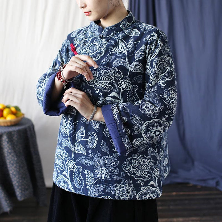 Buddha Stones Flowers Cotton Linen Jacket Shirt Chinese Northeast Style Winter Clothing