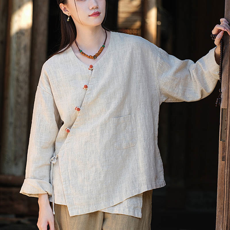 Buddha Stones Solid Color Ramie Linen Loose Blouse Long Sleeve Shirt Chinese Hanfu Top