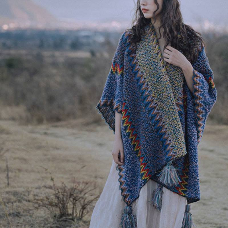 Buddha Stones Tibetan Shawl Soft Warm Knitting Cloak Winter Tibetan Tassel Scarf - image 12