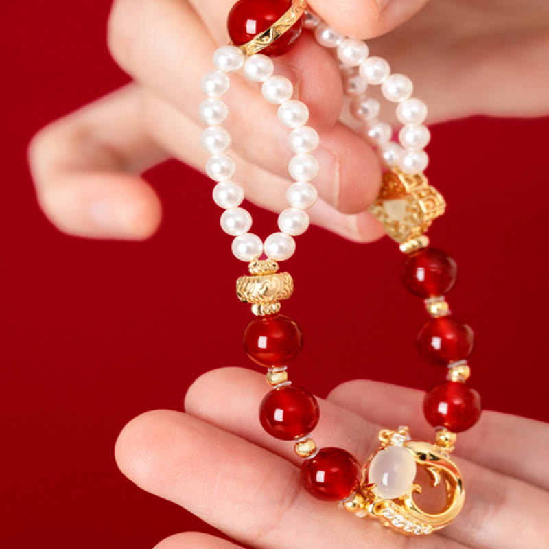 Buddha Stones 18K Gold Plated Copper Natural Red Agate Pearl Koi Fish Confidence Bracelet Necklace Pendant Earrings Set