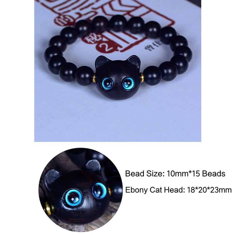 Buddha Stones Ebony Wood Liuli Glass Lovely Cat Peace Balance Bracelet - image 12