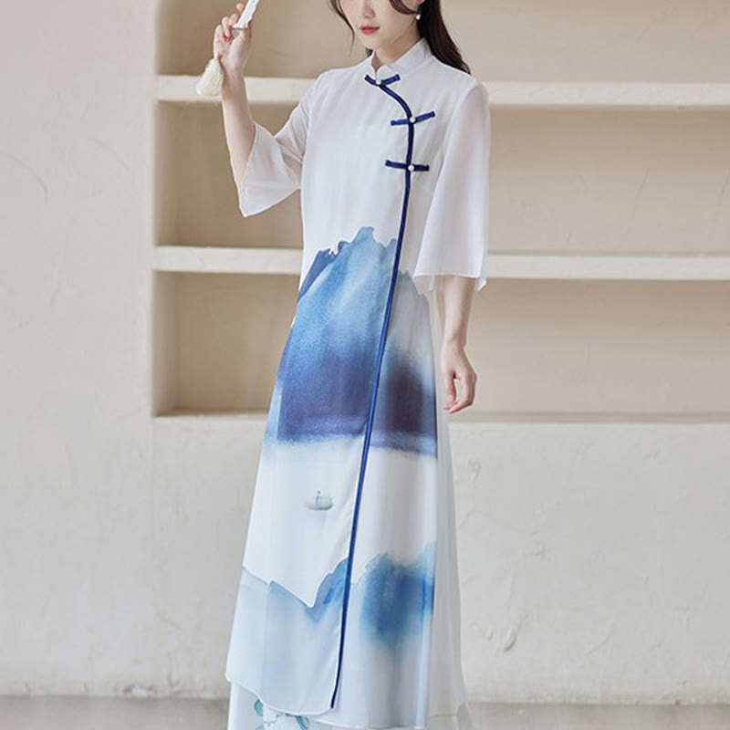 Buddha Stones Blue Landscape Painting Three Quarter Chinese Cheongsam Midi Dress