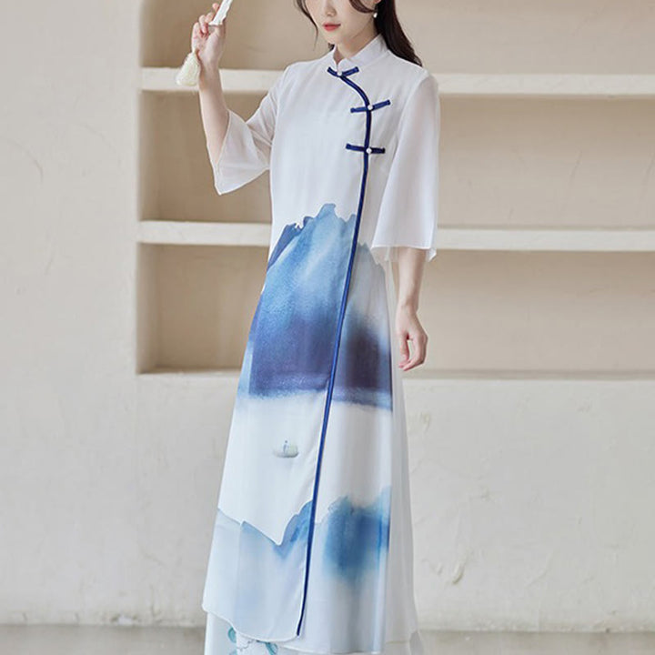 Buddha Stones Blue Landscape Painting Three Quarter Chinese Cheongsam Midi Dress