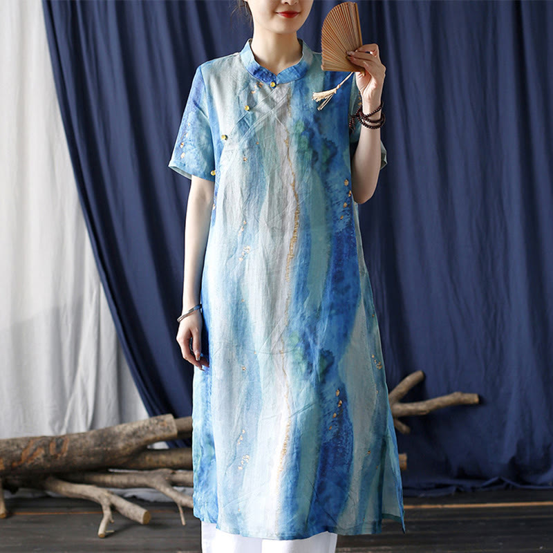 Buddha Stones Ramie Blue Digital Printing Cheongsam Dresses Short Sleeve Linen Dress